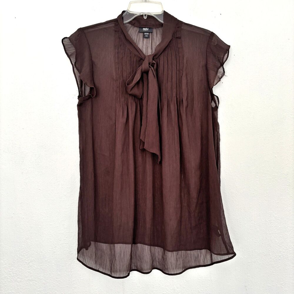 Womens Brown Romantic Sheer Pink Tuck Top XL Layering Old Money Parisian Capsule